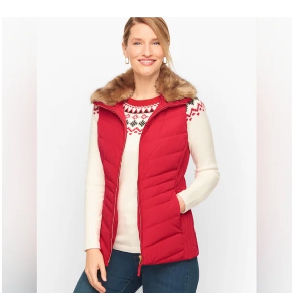 TALBOTS FAUX FUR COLLAR DOWN PUFFER VEST XL - Picture 1 of 7
